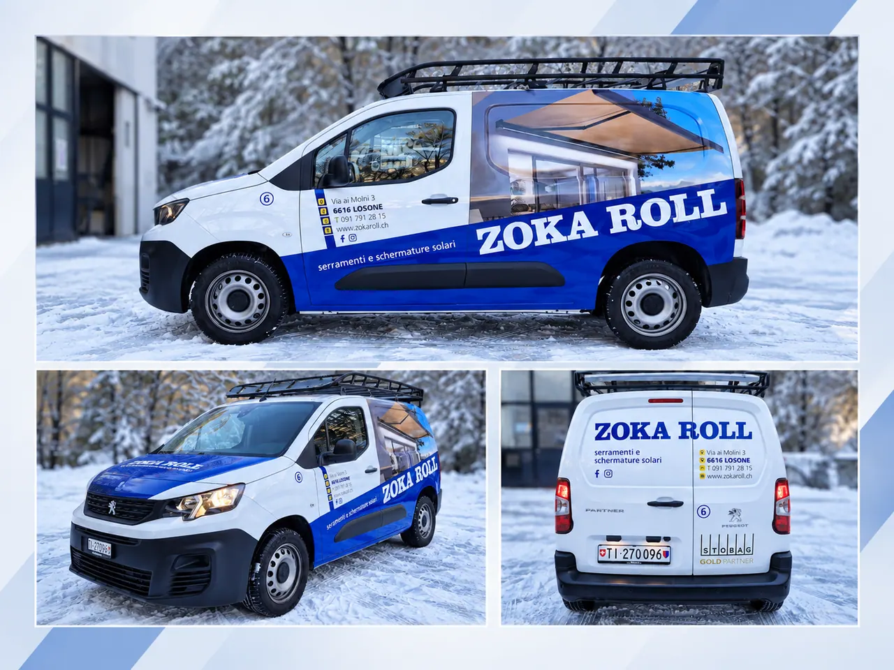 Furgone Zoka Roll fotografato da tre prospettive sulla neve